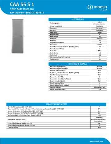 Indesit CAA 55 S 1 Fridge/freezer combination NEL Data Sheet | Manualzz