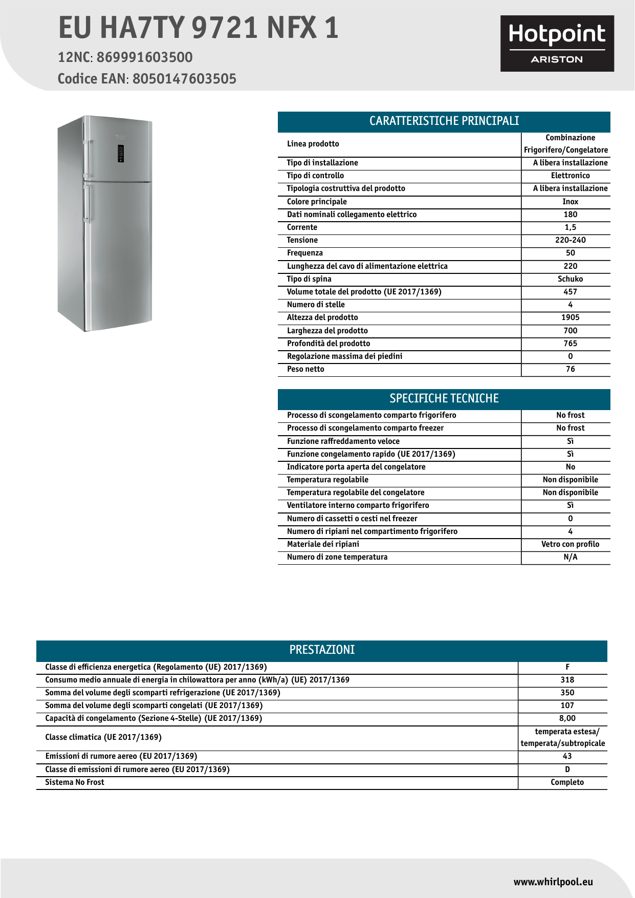 HOTPOINT/ARISTON EU HA7TY 9721 NFX 1 Fridge/freezer combination NEL Data  Sheet | Manualzz