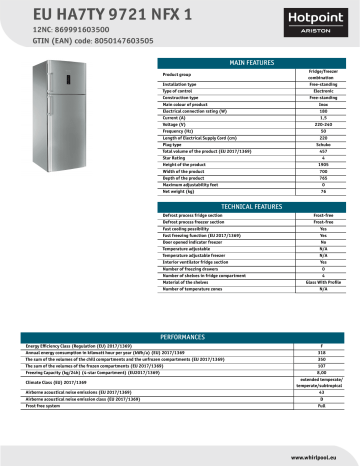 HOTPOINT/ARISTON EU HA7TY 9721 NFX 1 Fridge/freezer combination NEL Data Sheet | Manualzz