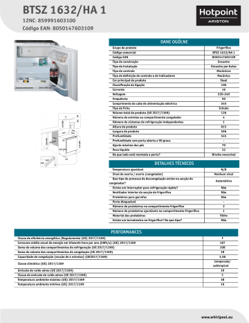 HOTPOINT/ARISTON BTSZ 1632/HA 1 Refrigerator NEL Data Sheet | Manualzz
