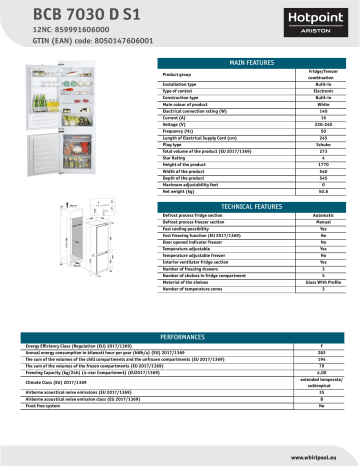 HOTPOINT/ARISTON BCB 7030 D S1 Fridge/freezer combination NEL Data Sheet | Manualzz