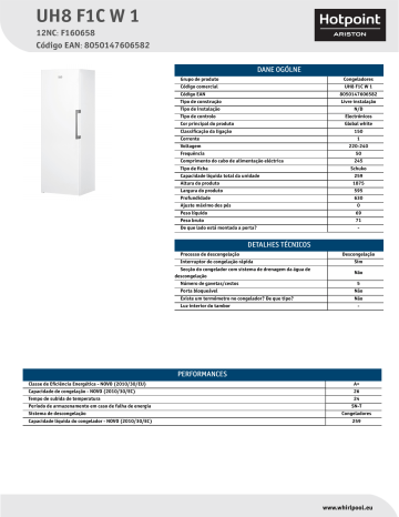 HOTPOINT/ARISTON UH8 F1C W 1 Freezer Product Data Sheet | Manualzz