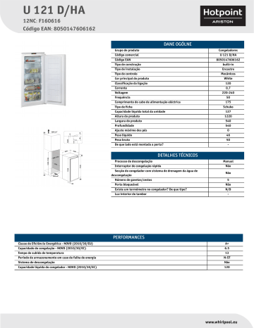 HOTPOINT/ARISTON U 121 D/HA Freezer Product Data Sheet | Manualzz