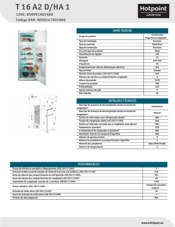 HOTPOINT/ARISTON T 16 A2 D/HA 1 Fridge/freezer combination NEL Data Sheet | Manualzz