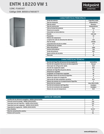 HOTPOINT/ARISTON ENTM 18220 VW 1 Fridge/freezer combination Product Data Sheet | Manualzz