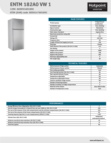 HOTPOINT/ARISTON ENTM 182A0 VW 1 Fridge/freezer combination NEL Data Sheet | Manualzz