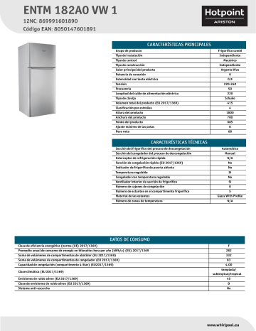 HOTPOINT/ARISTON ENTM 182A0 VW 1 Fridge/freezer combination NEL Data Sheet | Manualzz