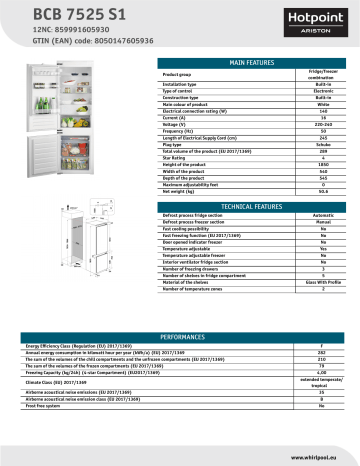 HOTPOINT/ARISTON BCB 7525 S1 Fridge/freezer combination NEL Data Sheet | Manualzz