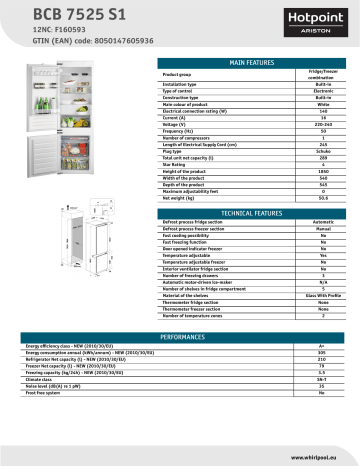 HOTPOINT/ARISTON BCB 7525 S1 Fridge/freezer combination Product Data Sheet | Manualzz