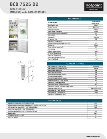 HOTPOINT/ARISTON BCB 7525 D2 Fridge/freezer combination Product Data Sheet | Manualzz