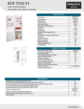 HOTPOINT/ARISTON BCB 7030 S1 Fridge/freezer combination NEL Data Sheet | Manualzz