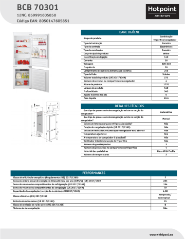 HOTPOINT/ARISTON BCB 70301 Fridge/freezer combination NEL Data Sheet | Manualzz