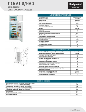 HOTPOINT/ARISTON T 16 A1 D/HA 1 Fridge/freezer combination Product Data Sheet | Manualzz