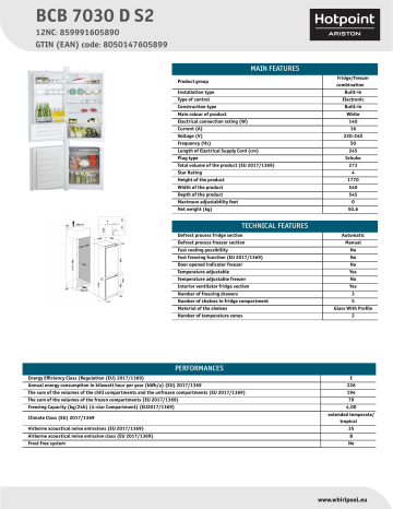 HOTPOINT/ARISTON BCB 7030 D S2 Fridge/freezer combination NEL Data Sheet | Manualzz