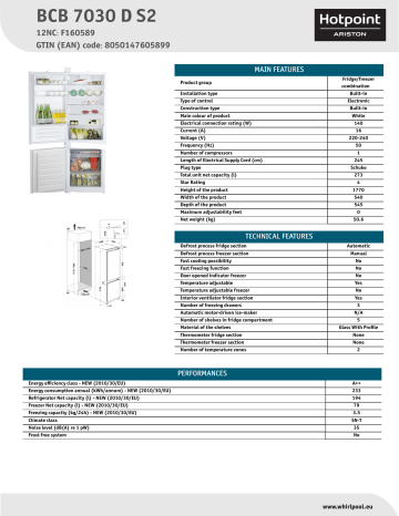 HOTPOINT/ARISTON BCB 7030 D S2 Fridge/freezer combination Product Data Sheet | Manualzz