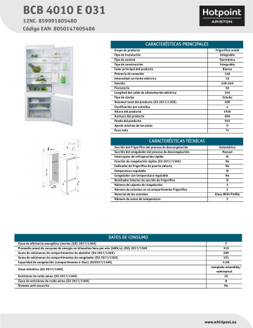 HOTPOINT/ARISTON BCB 4010 E O31 Fridge/freezer combination NEL Data Sheet | Manualzz