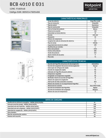 HOTPOINT/ARISTON BCB 4010 E O31 Fridge/freezer combination Product Data Sheet | Manualzz