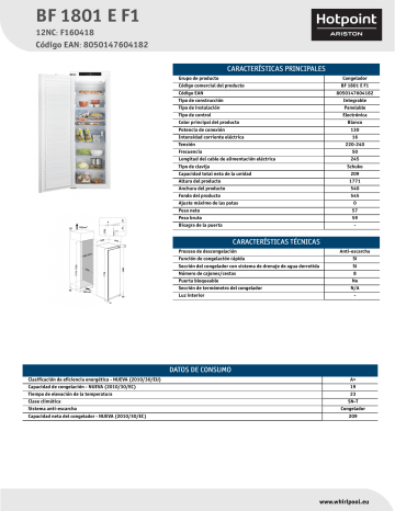 HOTPOINT/ARISTON BF 1801 E F1 Freezer Product Data Sheet | Manualzz