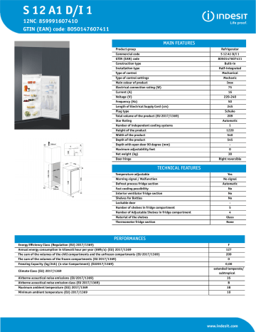 Indesit S 12 A1 D/I 1 Refrigerator NEL Data Sheet | Manualzz