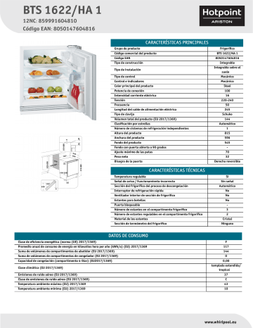 HOTPOINT/ARISTON BTS 1622/HA 1 Refrigerator NEL Data Sheet | Manualzz