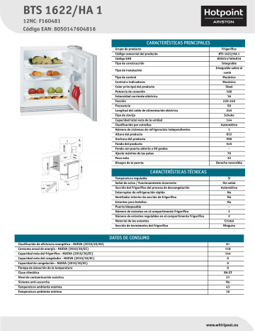 HOTPOINT/ARISTON BTS 1622/HA 1 Refrigerator Product Data Sheet | Manualzz