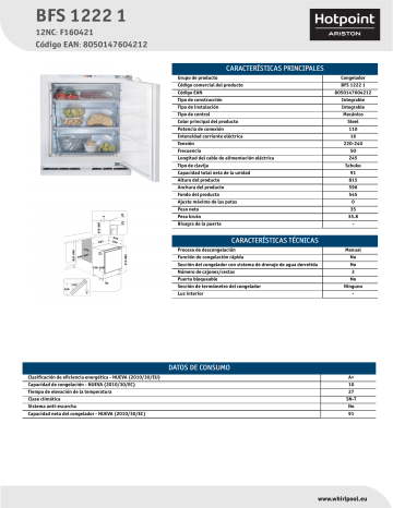 HOTPOINT/ARISTON BFS 1222 1 Freezer Product Data Sheet | Manualzz