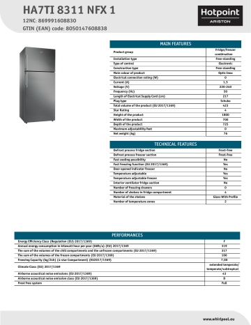 HOTPOINT/ARISTON HA7TI 8311 NFX 1 Fridge/freezer combination NEL Data Sheet | Manualzz