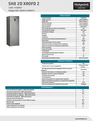 HOTPOINT/ARISTON SH8 2D XROFD 2 Refrigerator Product Data Sheet | Manualzz