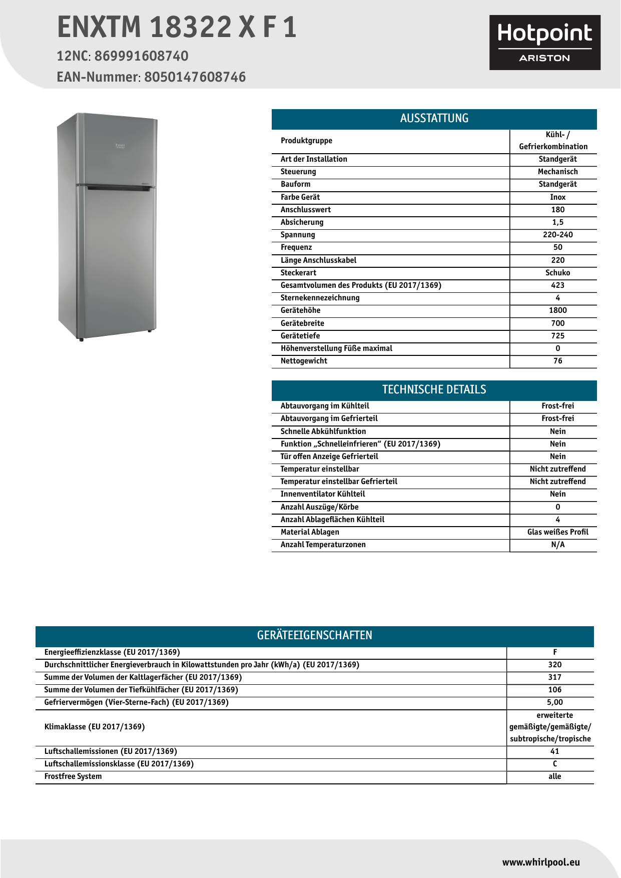 HOTPOINT/ARISTON ENXTM 18322 X F 1 Fridge/freezer combination NEL Data  Sheet | Manualzz