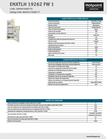 HOTPOINT/ARISTON ENXTLH 19262 FW 1 Fridge/freezer combination NEL Data Sheet | Manualzz
