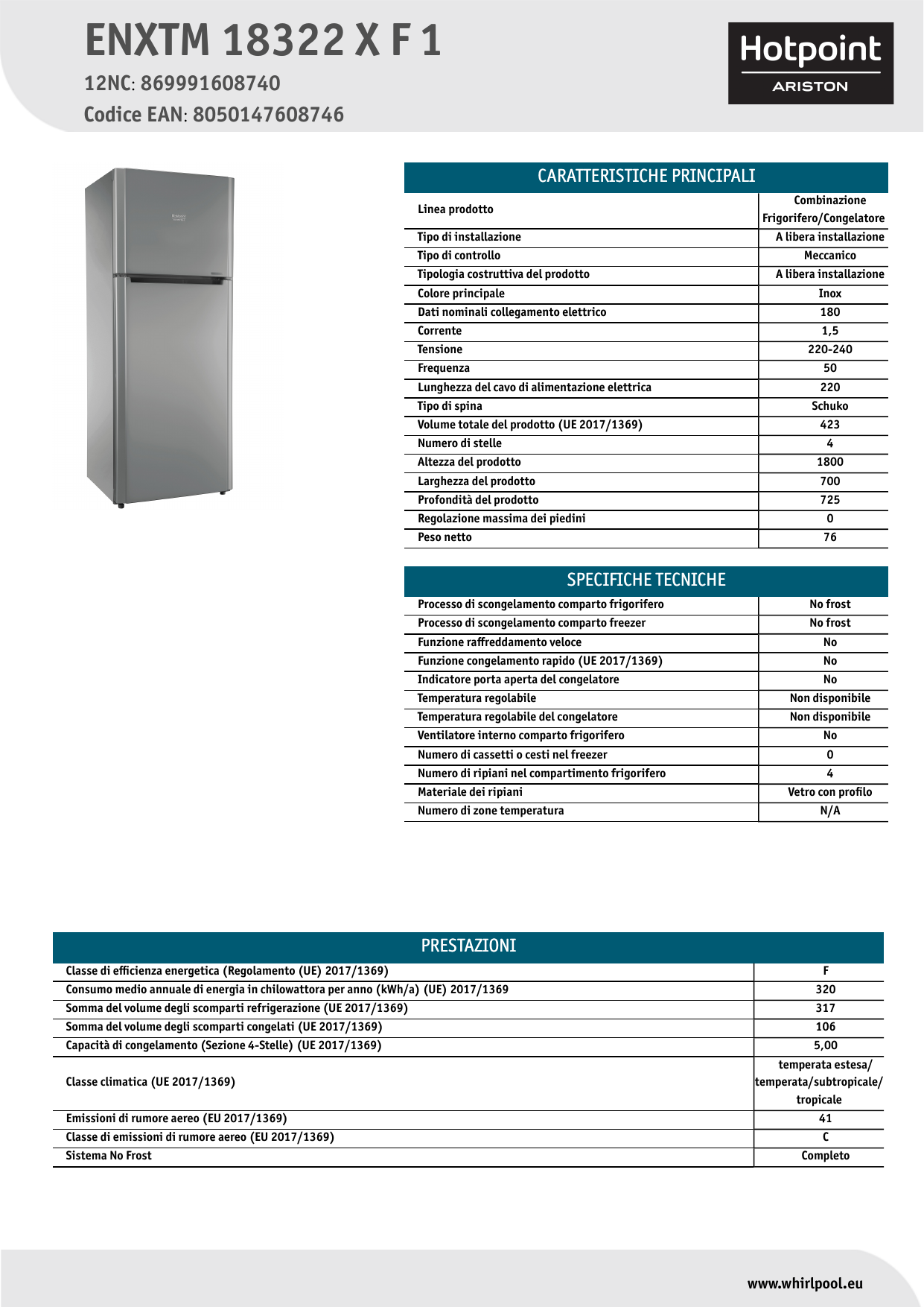 HOTPOINT/ARISTON ENXTM 18322 X F 1 Fridge/freezer combination NEL Data  Sheet | Manualzz