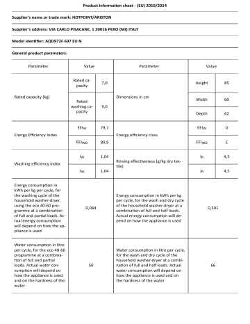 HOTPOINT/ARISTON AQD972F 697 EU N Washer dryer Product Information Sheet |  Manualzz