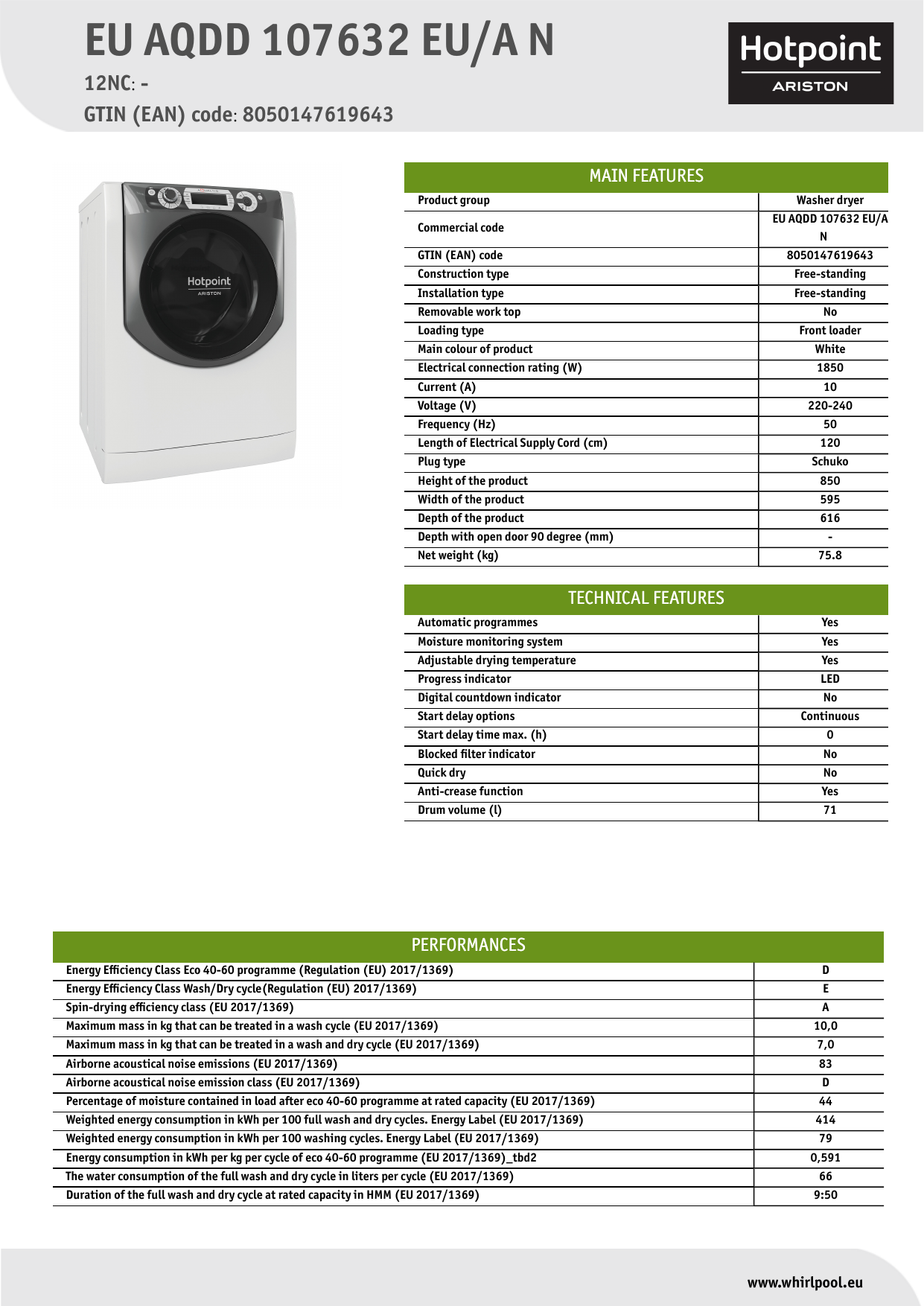 HOTPOINT/ARISTON EU AQDD 107632 EU/A N Washer dryer NEL Data Sheet |  Manualzz