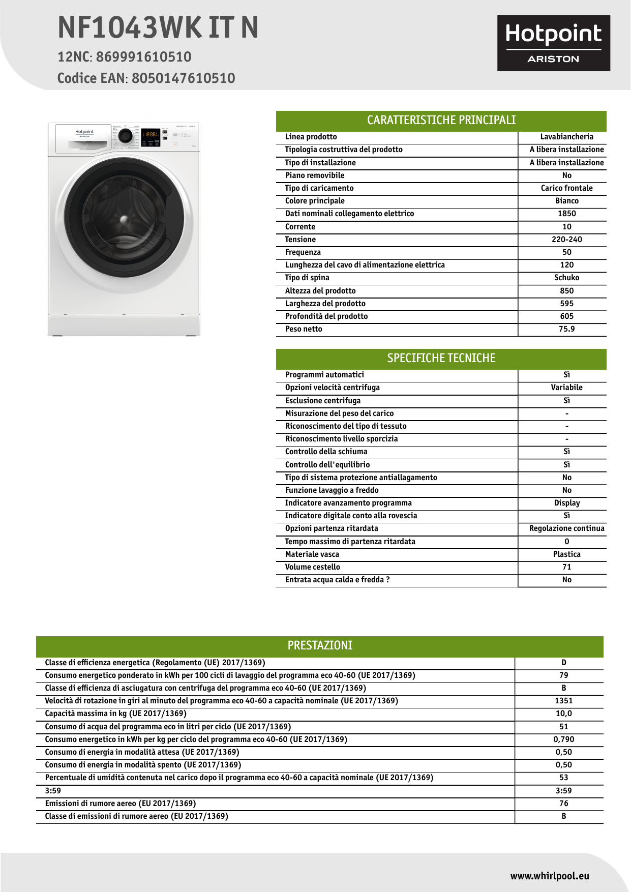 HOTPOINT/ARISTON NF1043WK IT N Washing machine NEL Data Sheet | Manualzz