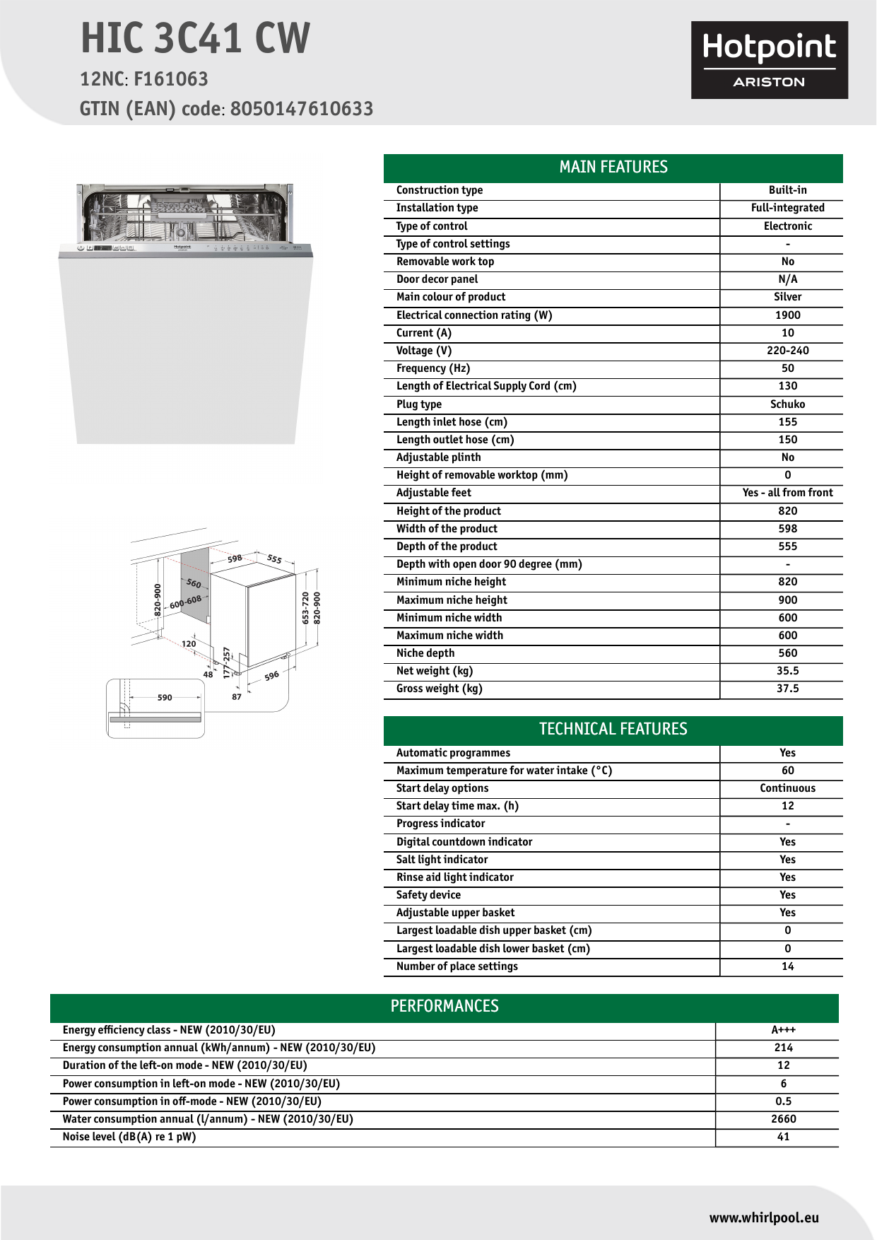 HOTPOINT/ARISTON HIC 3C41 CW Dishwasher Product Data Sheet | Manualzz