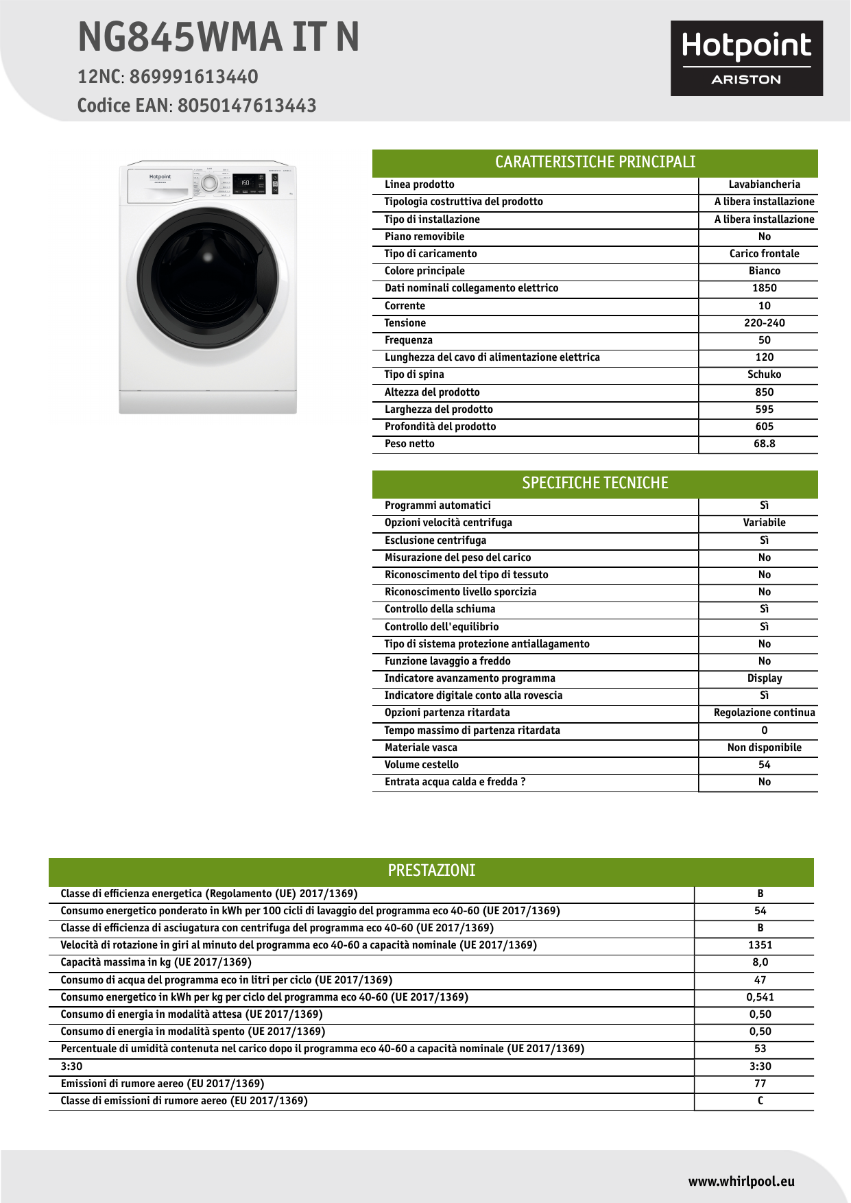 HOTPOINT/ARISTON NG845WMA IT N Washing machine NEL Data Sheet | Manualzz
