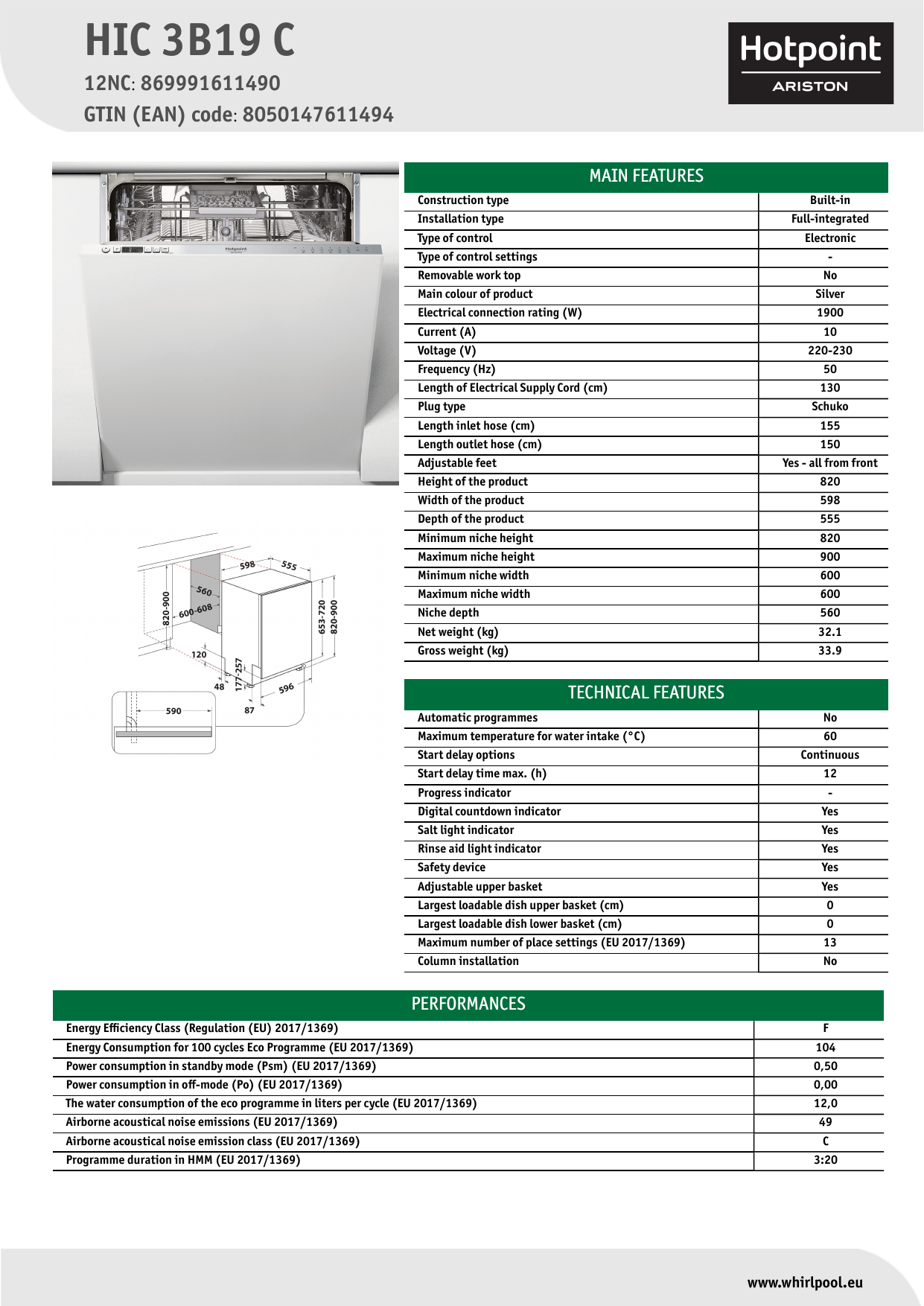 HOTPOINT/ARISTON HIC 3B19 C Dishwasher NEL Data Sheet | Manualzz