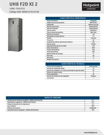 HOTPOINT/ARISTON UH8 F2D XI 2 Freezer Product Data Sheet | Manualzz