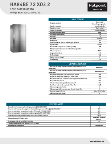 HOTPOINT/ARISTON HA84BE 72 XO3 2 Fridge/freezer combination NEL Data Sheet | Manualzz