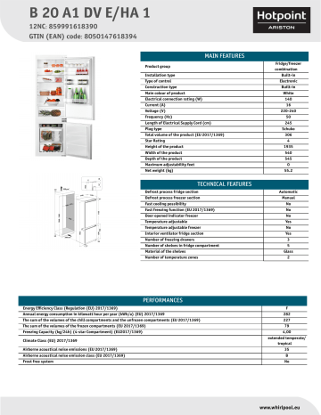 HOTPOINT/ARISTON B 20 A1 DV E/HA 1 Fridge/freezer combination NEL Data Sheet | Manualzz