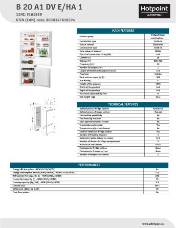 HOTPOINT/ARISTON B 20 A1 DV E/HA 1 Fridge/freezer combination Product Data Sheet | Manualzz
