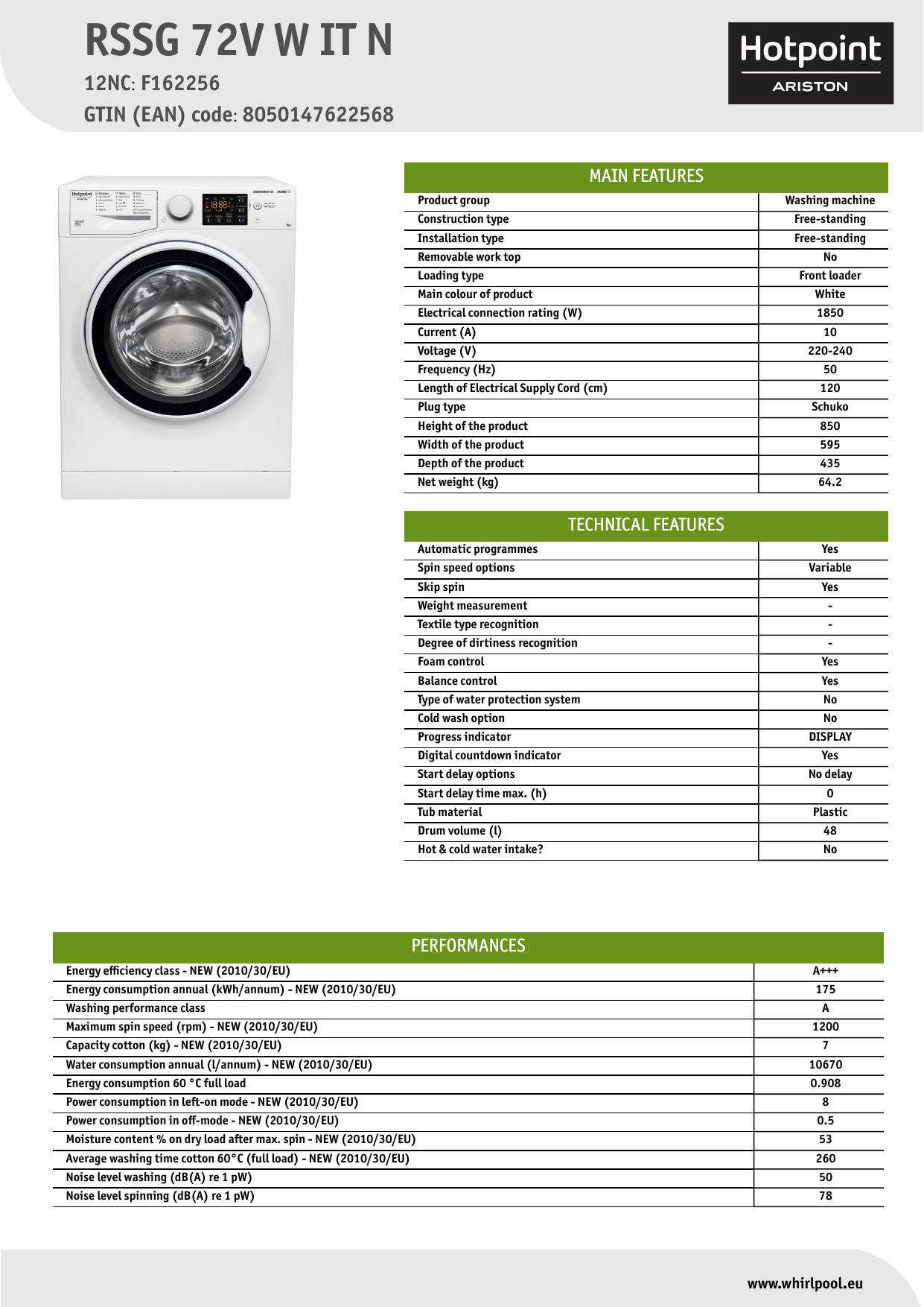 HOTPOINT/ARISTON RSSG 72V W IT N Washing machine Product Data Sheet |  Manualzz