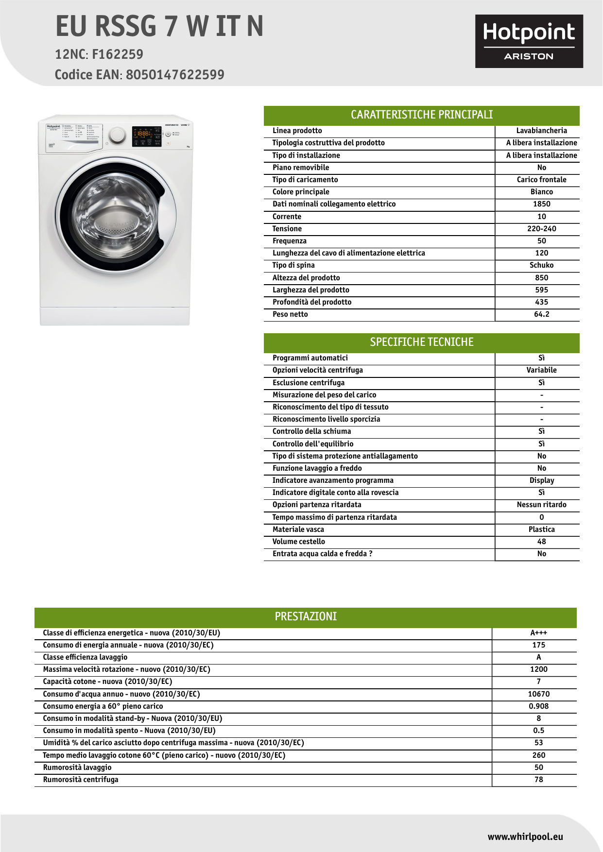 HOTPOINT/ARISTON EU RSSG 7 W IT N Washing machine Product Data Sheet |  Manualzz