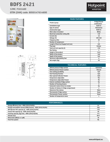 HOTPOINT/ARISTON BDFS 2421 Fridge/freezer combination Product Data Sheet | Manualzz