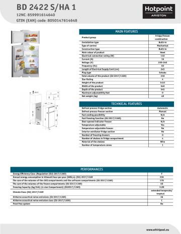 HOTPOINT/ARISTON BD 2422 S/HA 1 Fridge/freezer combination NEL Data Sheet | Manualzz