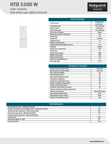 HOTPOINT/ARISTON HTD 5200 W Fridge/freezer combination Product Data Sheet | Manualzz