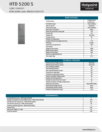 HOTPOINT/ARISTON HTD 5200 S Fridge/freezer combination Product Data Sheet | Manualzz