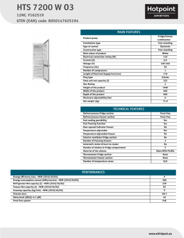 HOTPOINT/ARISTON HTS 7200 W O3 Fridge/freezer combination Product Data Sheet | Manualzz