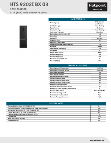 HOTPOINT/ARISTON HTS 9202I BX O3 Fridge/freezer combination Product Data Sheet | Manualzz
