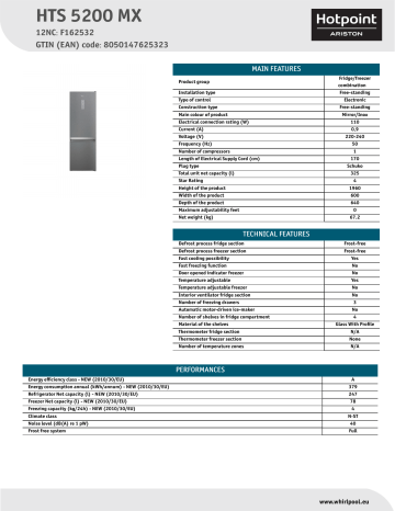 HOTPOINT/ARISTON HTS 5200 MX Fridge/freezer combination Product Data Sheet | Manualzz